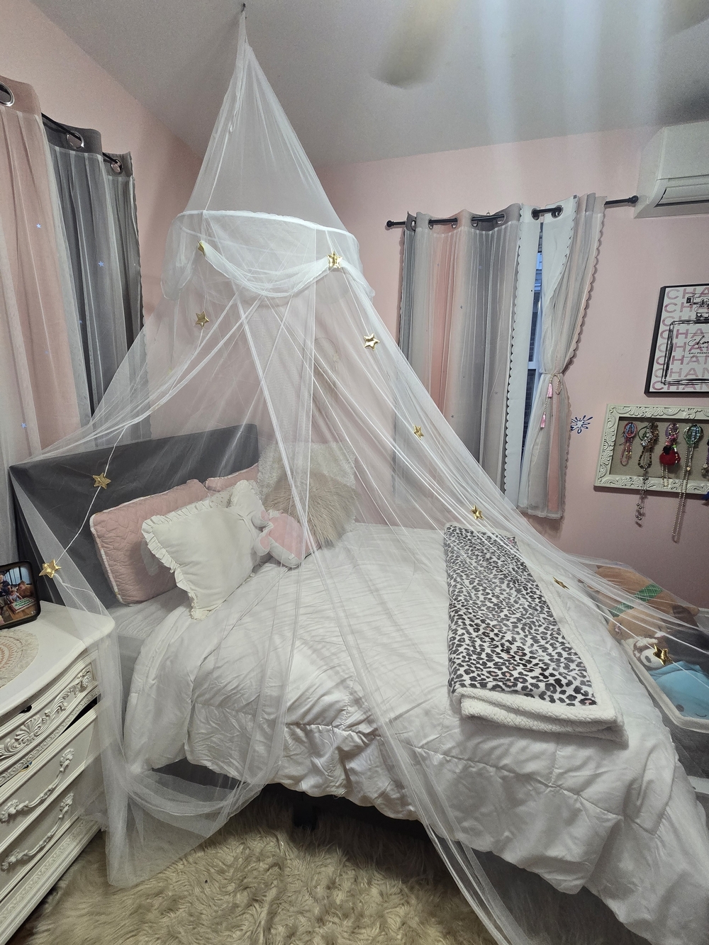 White Canopy Bed Net with Gold Star Accents - Home Bedding